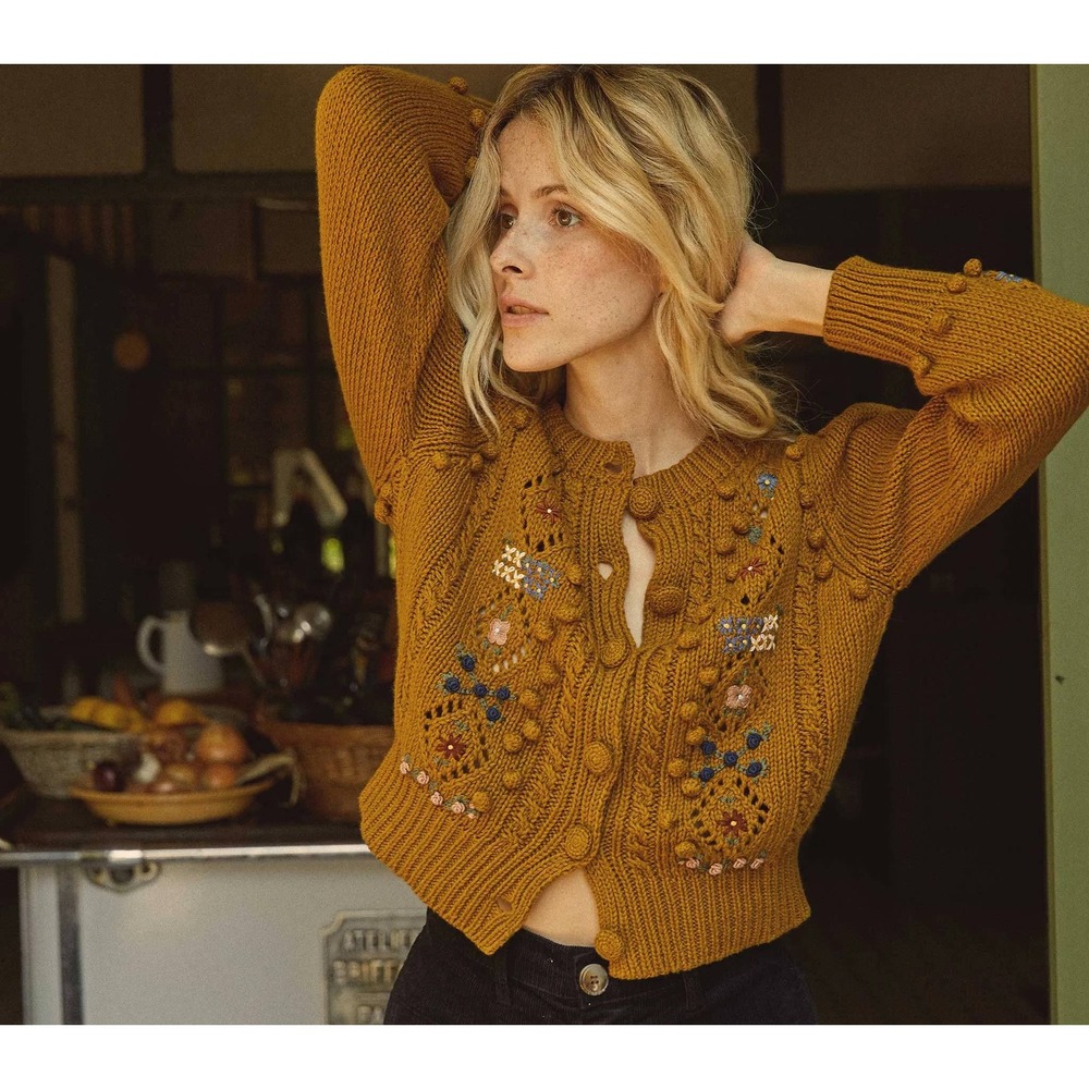 Doen Forget Me Not Cardigan Sweater Oak Brown Size Small Floral Knit
